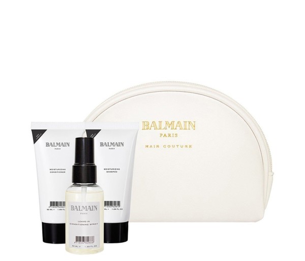 Set pentru par Balmain Professionnel White Cosmetic Bag Moisturizing Care, Par uscat/vopsit, Sampon 50 ml + Balsam 50 ml + Leave-in 50 ml