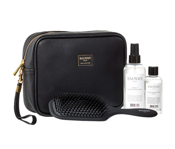 Set pentru par Balmain Professional Black Bag Limited Edition: Leave-in + Elixir Argan + Perie de par + Geanta cosmetice
