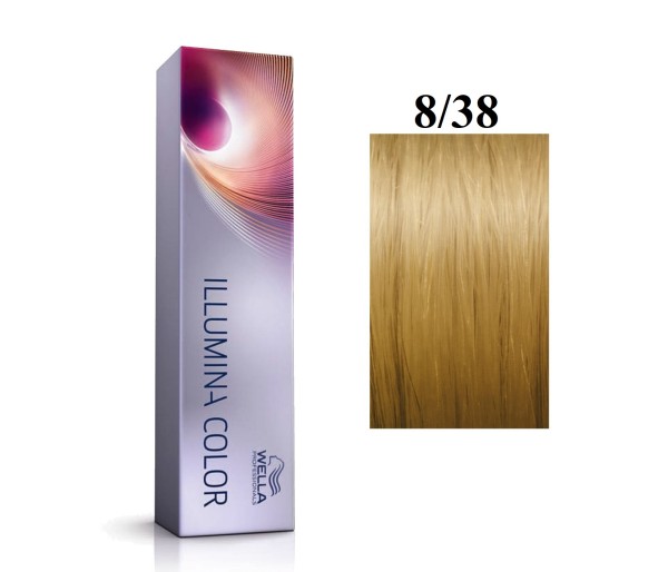 Vopsea permanenta Wella Professionals Illumina Color 8/38, Blond Deschis Auriu Albastru, 60 ml